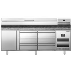 Pizzakylbänk Premium PLUS – 1980x700 mm – med 1 dörr & 6 lådor – inkl. kyltopp-vitrin – plats för 9x GN 1/4