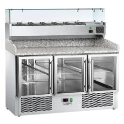 Banco pizza refrigerato ECO - 1400x700mm - con 3 porte in vetro - piano in granito - con vetrina ingredienti refrigerata superiore - 6x GN 1/4