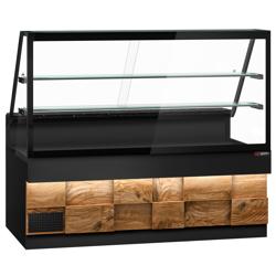 Banco gastronomia professionale TORONTO - 2000x880mm - Ventilata - Doppi vetri - Colore Nero opaco - Pannello frontale Legno naturale - con 2 ripiani - piano di lavoro in granito nero