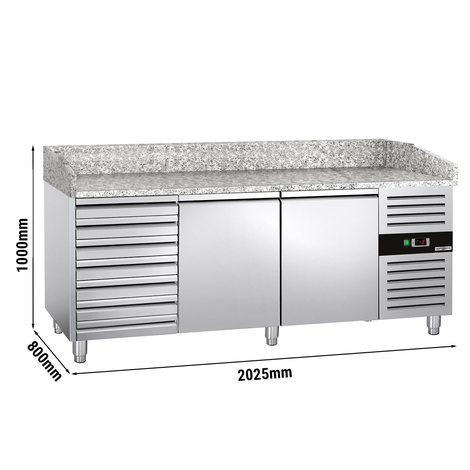 Pizzapult ECO - 2025x800 mm - 2 ajtó + 7 fiók - gránit munkalappal