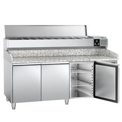 Pizzawerkbank PREMIUM - 2000x800mm - met granieten werkblad - met 3 deuren - incl. glasvitrine LED - 9x GN 1/3