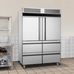 Lednice nerezová PREMIUM - GN 2/1 - 1400L - se 2 polovičními dveřmi & 4 zásuvkami