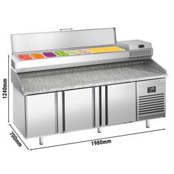 Pizzawerkbank PREMIUM PLUS - 1980x700mm - met granieten werkblad - met 3 deuren - incl. opzetkoelvitrine - 9x GN 1/4