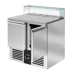 Commercial Saladette Prep Station PREMIUM – 2 Doors – GN 1/1 Pan Well – 900×700 mm – +2 to +8 °C – Glass top (corner); 35 mm insulation