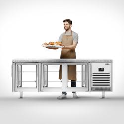 Table réfrigérée pour boulangerie Premium PLUS – 2185×800 mm – avec passe-plat et portes vitrées – plan de travail en granit