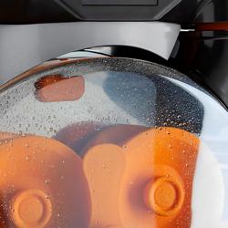 Sähköinen appelsiinipuristin - automaattisella hedelmäsyötöllä, puhdistustilalla ja jalustalla - hopea	