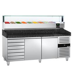Pizzawerkbank PREMIUM - 2025x800mm - met granieten werkblad - met 2 deuren & 7 laden - incl. glasvitrine LED - 9x GN 1/3