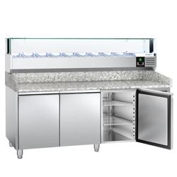 Commercial Refrigerated Pizza Prep Counter PREMIUM - 2000x800 - 3 Doors - Top Display Rail LED - 9x GN 1/3