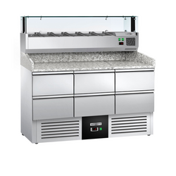 Ψυγείο Πάγκος Πίτσας PREMIUM - 1400x700mm - με 6 συρτάρια 1/2 - με ψυχόμενη βιτρίνα GN 1/4