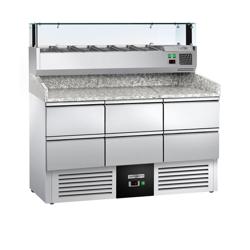Saladette pizza refrigerata PREMIUM - 1400x700mm - con 6 cassetti - piano in granito - con vetrina ingredienti refrigerata superiore LED - 6x GN 1/4