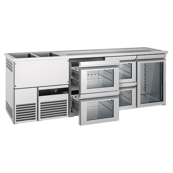 Barowy stół chłodniczy PREMIUM - 2500x700mm - 1 szklane drzwi & 4 szklane szuflady
