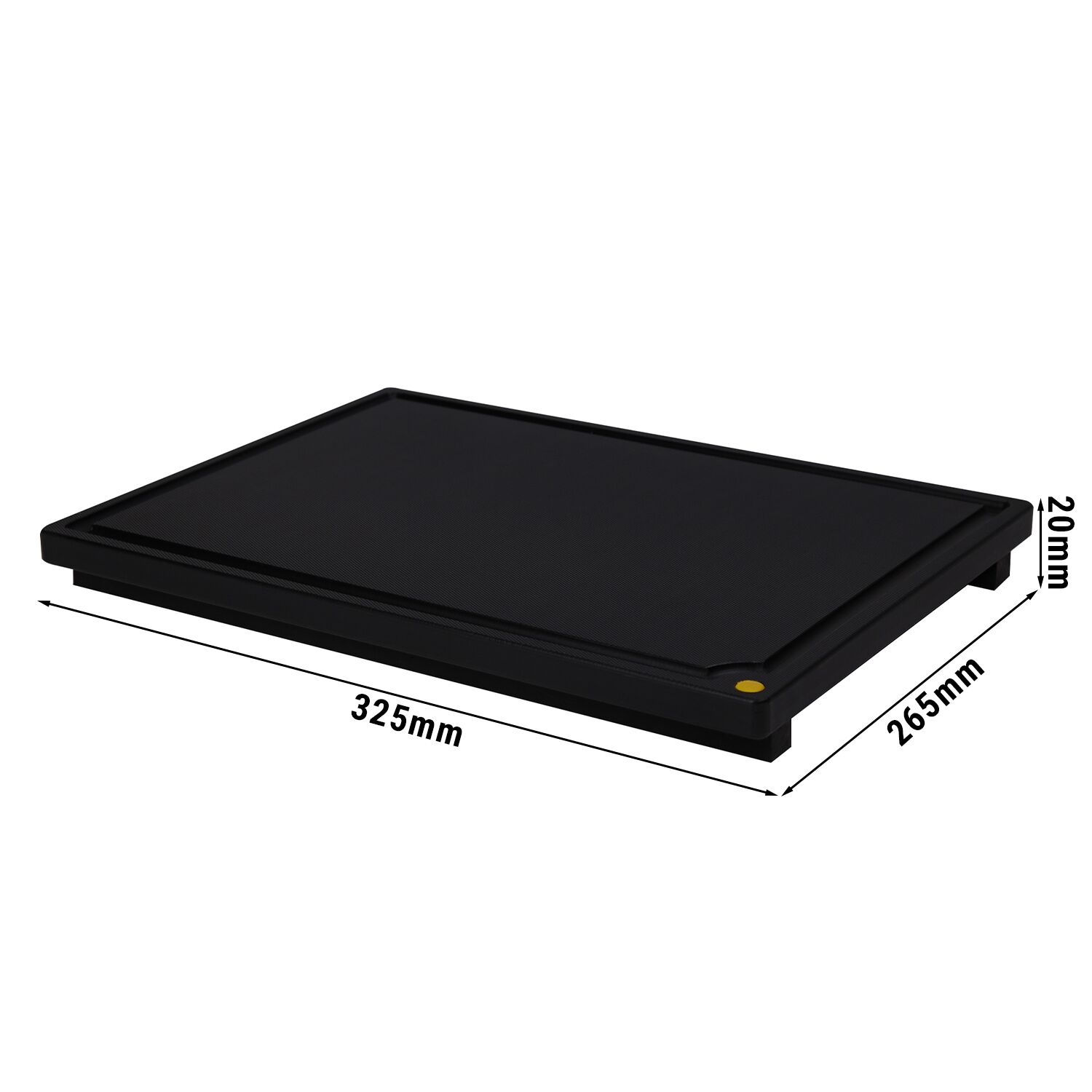 Planche à découper avec rigole à jus - 325x265mm - Épaisseur: 20mm - Conforme HACCP - Polyéthylène - Noir