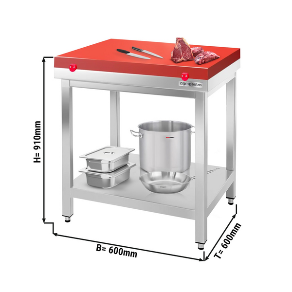 Mesa de Trabalho em Aço inox, PREMIUM - 0,6 m - Bancada de trabalho com 60 mm de Espessura (Vermelho)