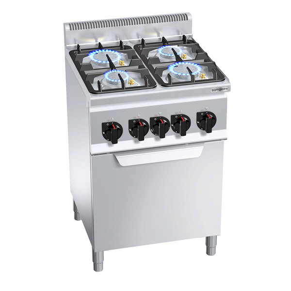 Fogão a gás 4x queimadores (19 kW) + Forno de ar circulante elétrico (3 kW)