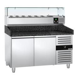 Pizzawerkbank PREMIUM - 1500x800mm - met granieten werkblad - met 2 deuren - incl. glasvitrine - 7x GN 1/4
