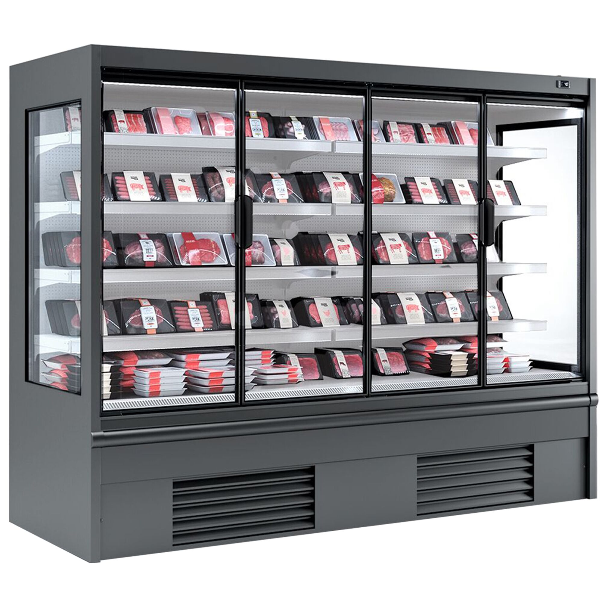 Vitrine murale réfrigérée - 2580mm - 1605L - avec 4 portes battantes vitrées & 4 étagères - Anthracite