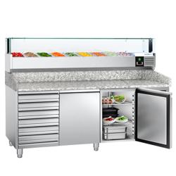 Commercial Refrigerated Pizza Prep Counter PREMIUM - 2000x800 - 2 Doors - 7 Drawers - Top Display Rail LED - 10x GN 1/3