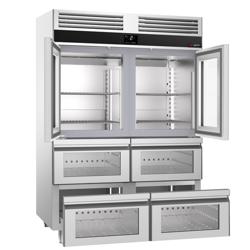 Koelkast met glasdeur RVS PREMIUM - GN 1/1 - GN 2/1 - 1400mm - 1400liter - tot -2°C tot +8°C - met 2 glasdeuren - geforceerde koeling, LED‑verlichting & legroosters