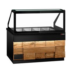 Commercial Saladette Counter TORONTO - 1500mm - 1000L - Wood Front - 2 doors - with square glass canopy for 4 x GN 1/1 & 1 shelf - black granite worktop