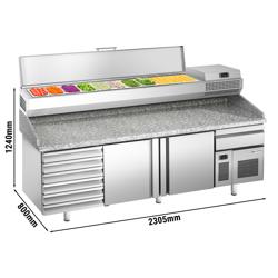 Chladicí stůl na pizzu PREMIUM PLUS - 2305x800 mm - se 2 dveřmi a 6 zásuvkami - se žulovou pracovní deskou - vč. chladicí nástavbové vitríny - 10x GN 1/3