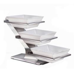Stalak za poslastice - nehrđajući čelik (inox) - kromiran, visokog sjaja - 300x300 mm - Visina: 480 mm - s 3 police - uklj. 3 posude od melamina 300x300 mm