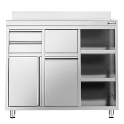 Rozsdamentes acél munkaszekrény - 1200x600 mm - nyílóajtós, 2 fiókos – jobb oldali fiókblokk, 1 ajtós – hátsó felhajtással