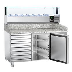 Commercial Refrigerated Pizza Prep Counter PREMIUM - 1500x800 - 1 Door - 7 Drawers - Top Display Rail LED - 7x GN 1/4 