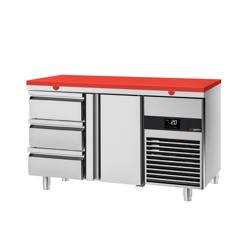 Koelwerkbank PREMIUM - 1400x700mm - met 1 deur - met 3 lades - incl. snijplank rood