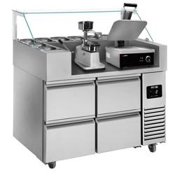 Banco preparazione refrigerato - 1210mm - 4 cassetti - per 9x GN 1/6 - incl. griglia a contatto e macchina per hamburger