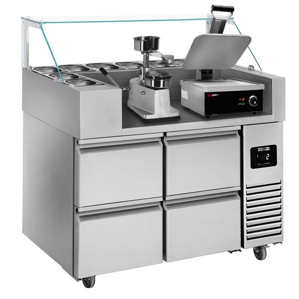 Commercial Refrigerated Prep Table PREMIUM – Glass Top – 4 Drawers – 1210 mm – for 9× GN 1/6 - with Contact Grill & Hamburger Press