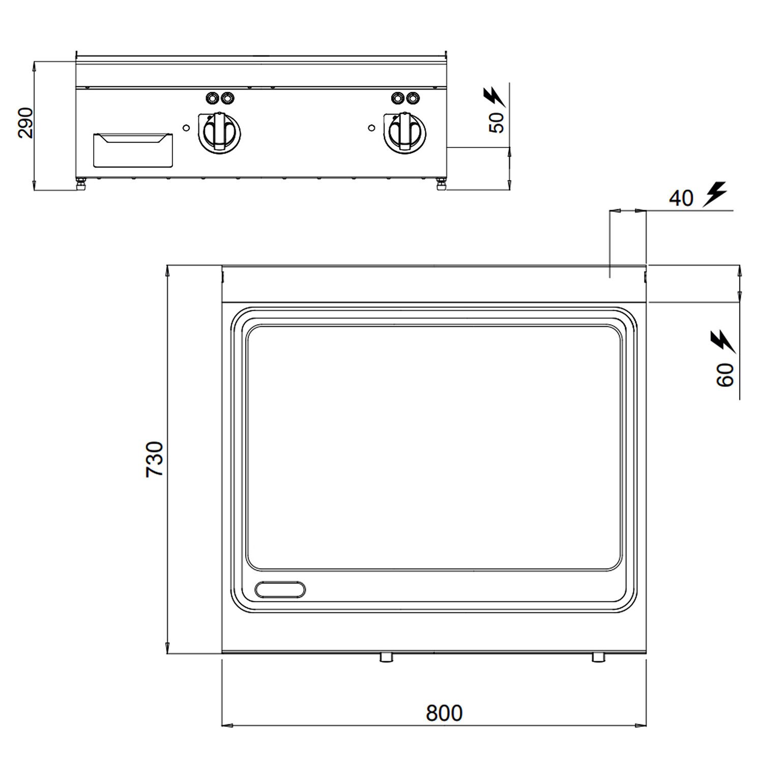 Plancha électrique - plaque acier - 2 zones - 9,6 kW - Lisse - Surface de cuisson : 800x730mm - plaque 2mm