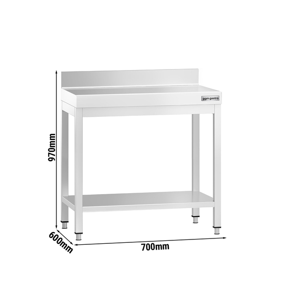 Mesa de trabajo de acero inox.  PREMIUM 0,7 m - con zócalo y estante inferior