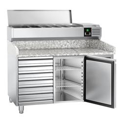 Balcão de pizza refrigerado PREMIUM - 1500x800mm - com tampo em granito - com 1 portas e 7 gavetas 600x400mm - incl. vitrina refrigerada superior - 7x GN 1/4