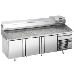 Pizzakylbänk PREMIUM PLUS - 2305x800 mm - granitskiva - med 3 dörrar - inkl. kylränna - 11x GN 1/4