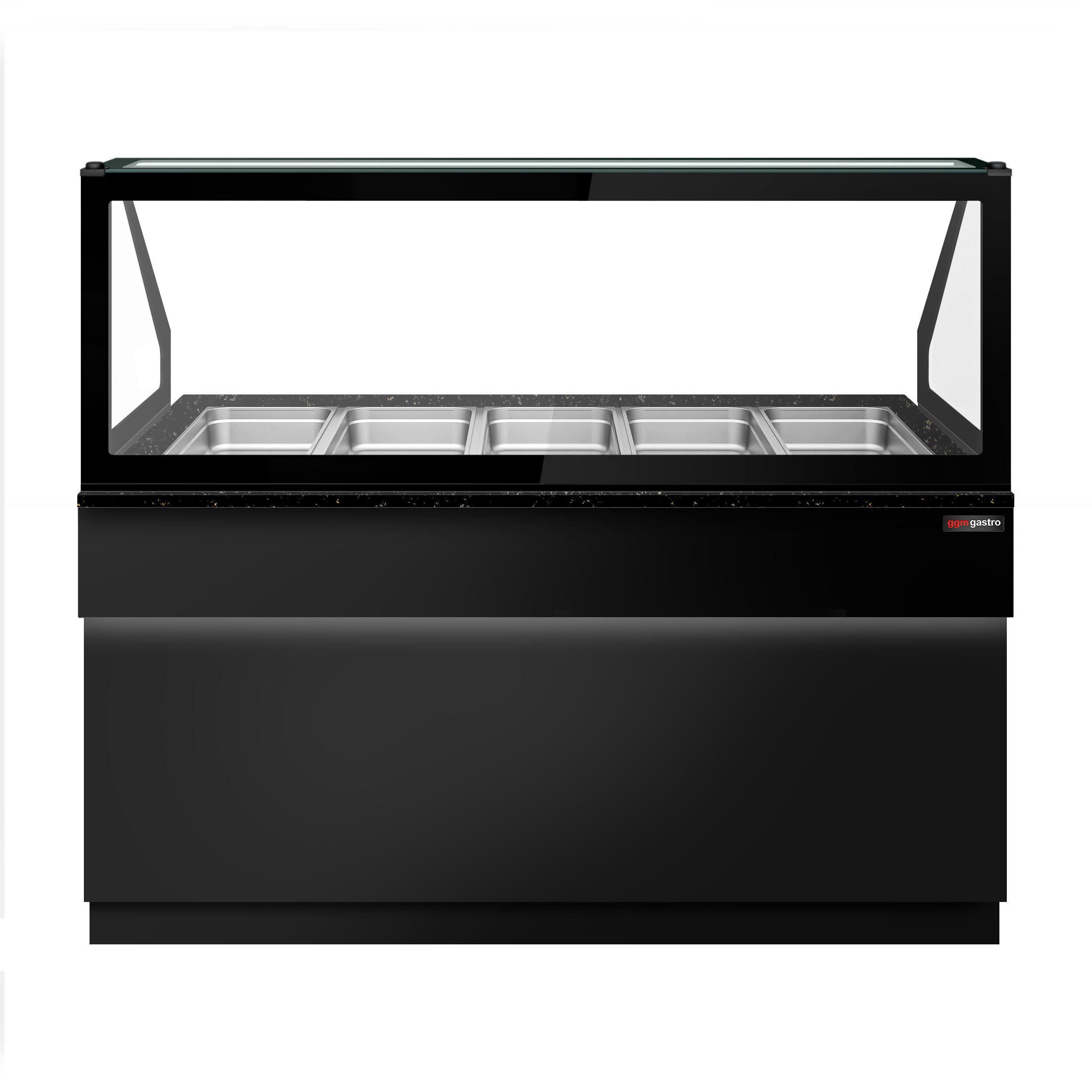 Vitrine chauffante TORONTO – 1800 mm – façade noire – pour 5 × GN 1/1 – plan de travail en granit noir