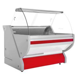 Vitrine refrigerada para bolos/pastelaria - 1325x1150x1310mm - vidro frontal curvo - iluminação - frontal vermelho - tampo em granito