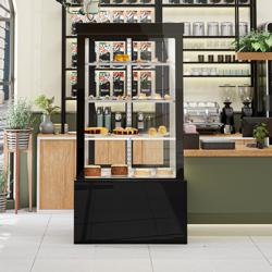Vetrina pasticceria refrigerata - 850l - 1000mm - Doppio vetro - con 3 ripiani - porte posteriori scorrevoli; LED interni; 4 lati vetro - Nero