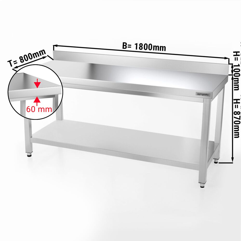 Radni stol od nehrđajućeg čelika PREMIUM - 1800x800 mm - Sa podnom pločom & poleđinom