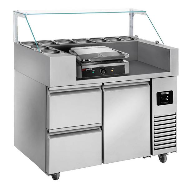 Commercial Refrigerated Prep Table - 1 Door + 2 Drawers - 1210 mm - for 9× GN 1/6 - Contact grill 2.8 kW included