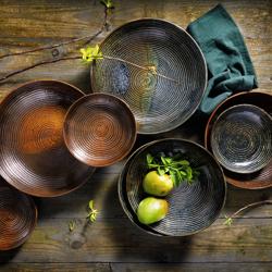 (6 pieces) Stoneware Metallic Deep Bowl Plate Ø260 mm PREMIUM – Brown - Ribbed Texture