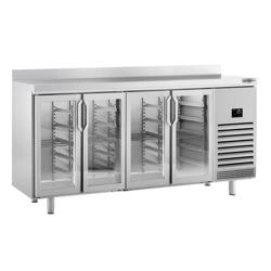 Stół chłodniczy Premium PLUS – 2452 x 700 mm – z 4 szklanymi drzwiami i panelem tylnym