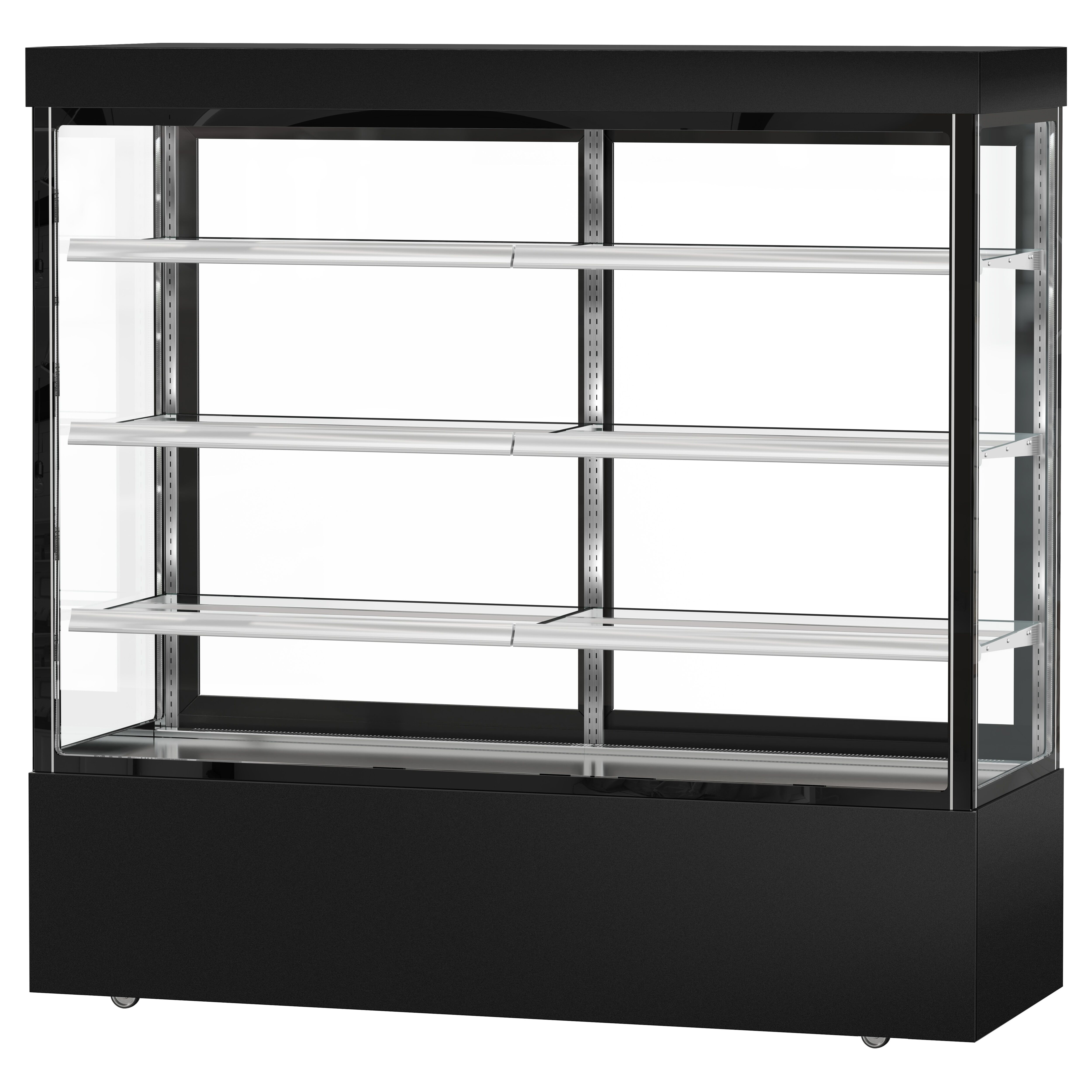 Vitrine à pâtisserie réfrigérée MADRID - 1200L - 1800mm - Double vitrage - avec 3 étagères en verre - portes coulissantes vitrées arrière - Noir mat