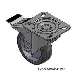 Wheels set - with 2 braked & 4 unbraked wheels - 85x140x130mm - for BGKF, GTF, KTF, KTGFF, KUF & ZTSF - Bolt-on top plate, axle bolted