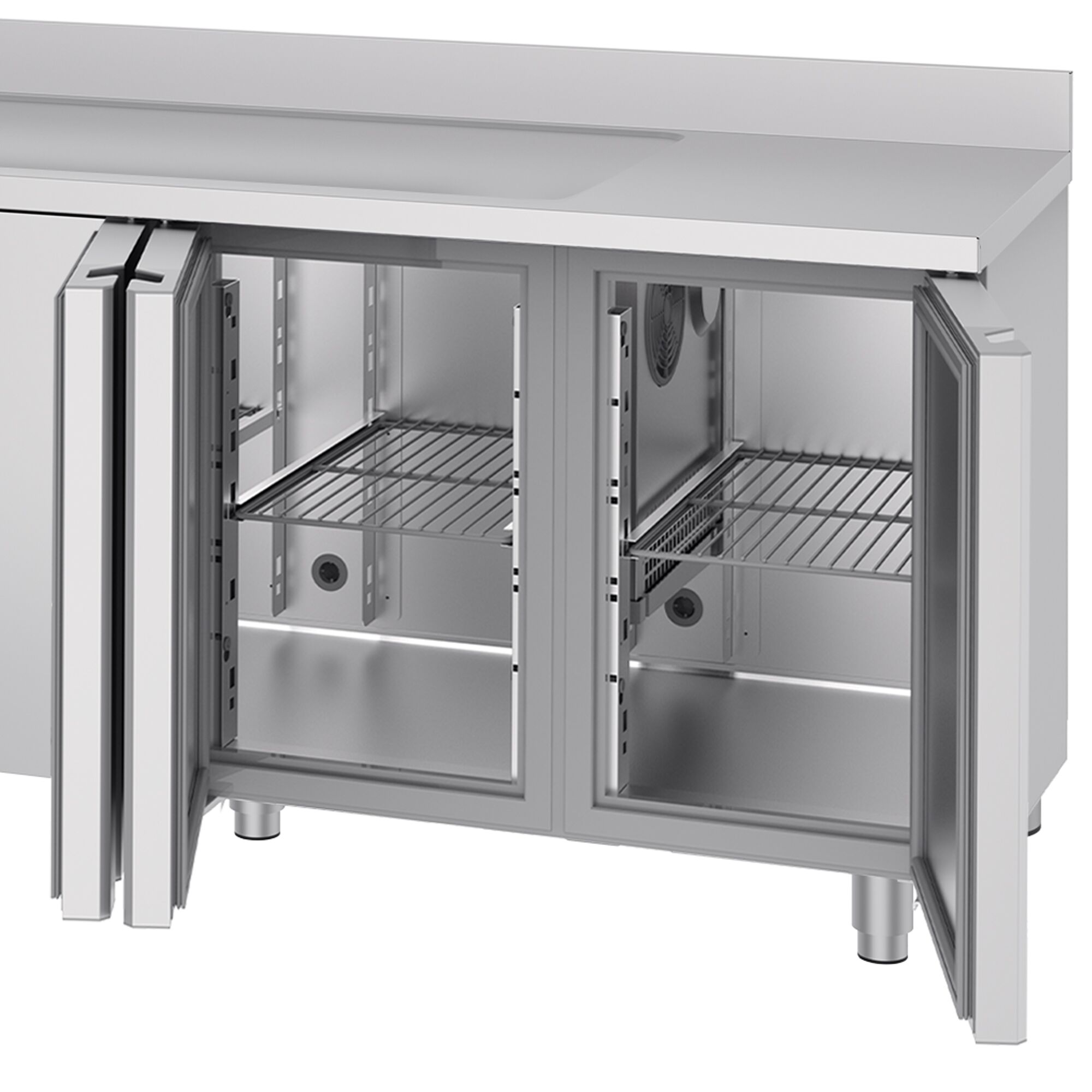 Table réfrigérée PREMIUM - 2360x700 mm - avec 4 portes, 1 bac à gauche - avec dosseret