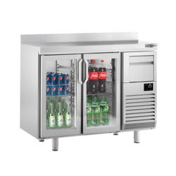Backbar PREMIUM PLUS - 1468x600 mm - 340 liter - 2 hängda glasdörrar, skyddskant 100 mm & utslagslåda för kaffe - rostfritt stål