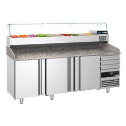Pizzawerkbank PREMIUM - 2150x800mm - met granieten werkblad - met 3 deuren & 3 laden - incl. opzetkoelvitrine - 10x GN 1/3
