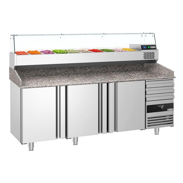 Pizzawerkbank PREMIUM - 2150x800mm - met granieten werkblad - met 3 deuren & 3 laden - incl. opzetkoelvitrine - 10x GN 1/3