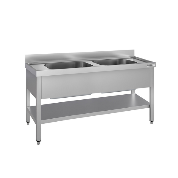 Stół zlewozmywakowy do mycia garnków ECO - 1600x600mm - z dolną półką & 2 zlewami