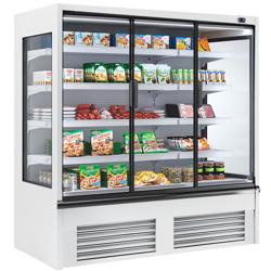 Commercial wall-mounted refrigerated display shelving - 1875 mm - 683 litres - with 3 double-glazed hinged doors and 4 shelves