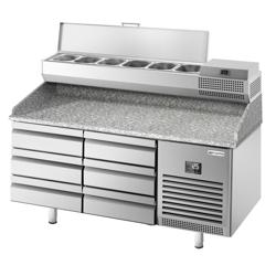 Mesa pizzera refrigerada PREMIUM PLUS - 1490x700mm - encimera de granito - con 6 cajones - incl. vitrina refrigerada superior - 6x GN 1/4